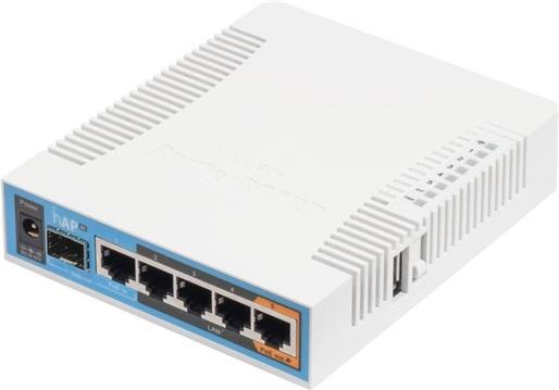 Mikrotik RB962UiGS-5HacT2HnT, hAP ac 720MHz CPU, 128MB RAM, 5×Gigabit LAN, 2.4Ghz 802.11b/g/n - 5Ghz 802.11ac, three chain sa integriranim antenama, SFP cage, USB, plastično kučište, PSU, RouterOS L4