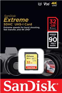 Memorijska kartica SanDisk 32GB Extreme SDHC Card 90MB/s V30 UHS-I U3, SDSDXVE-032G-GNCIN