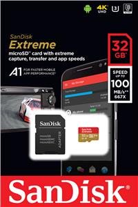 Memorijska kartica SanDisk 32GB Extreme microSDHC + SD Adapter + Rescue Pro Deluxe 100MB/s A1 C10 V30 UHS-I U3, SDSQXAF-032G-GN6MA
