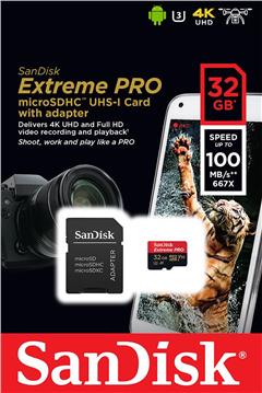 Memorijska kartica SanDisk 32GB Extreme Pro microSDHC + SD Adapter + Rescue Pro Deluxe 100MB/s A1 C10 V30 UHS-I U3, SDSQXCG-032G-GN6MA