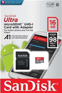 Memorijska kartica SanDisk 16GB Ultra Android microSDXC + SD Adapter + Memory Zone App 100MB/s A1 Class 10 UHS-I, SDSQUAR-016G-GN6MA