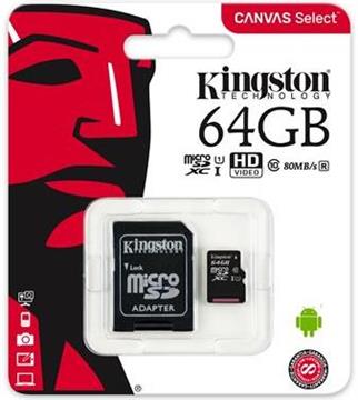 Memorijska kartica Kingston 64GB microSDXC Canvas Select Class 10 UHS-I 80MB/s Read Card + SD Adapter