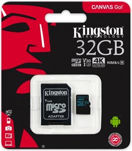 KINGSTON 32GB microSDHC Canvas Go 90R/45W U3 UHS-I V30 Card + SD Adapter