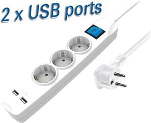 Transmedia NV56-1,5W 3-way power strip with two USB charging ports, 1,5m white