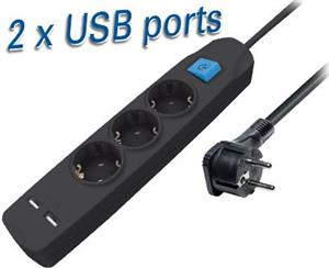 Transmedia NV56-5 3-way power strip with two USB charging ports, 5m black