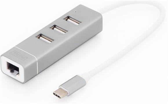 USB 2.0 HUB Digitus 3-port, mrež.kart., USB-C pri.