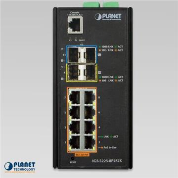 Planet IGS-5225-8P2S2X Industrial L2 8-Port RJ45 1GbE 802.3at PoE 2-Port 1G SFP 2-Port 10G SFP Managed Ethernet Switch (-40~75 degrees C)