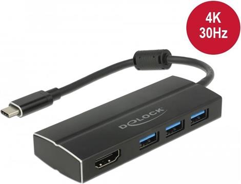 Adapter DELOCK, USB-C (M) > 3x USB 3.0-A (Ž), HDMI (Ž), 4K, crni