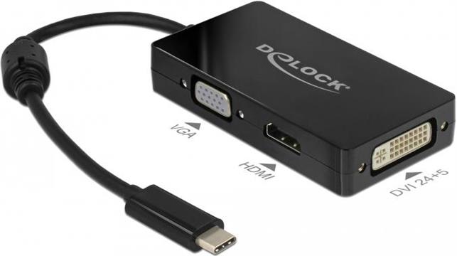 Razdjelnik DELOCK, USB-C (M) na HDMI (Ž), VGA (Ž) i DVI (Ž), crni