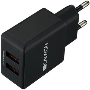 Canyon CNE-CHA03B Universal 2xUSB AC charger (in wall) with over-voltage protection, Input 100V-240V, Output 5V-2.1A, with Smart IC, black rubber coating with side parts+glossy with other parts, 80*42