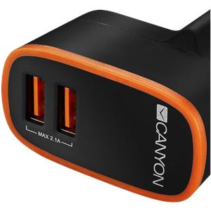 Canyon CNE-CHA02B Universal 2xUSB AC charger (in wall) with over-voltage protection, Input 100V-240V, Output 5V-2.1A , with Smart IC, black rubber coating with orange stripe, 64*56*34.6mm, 0.041kg