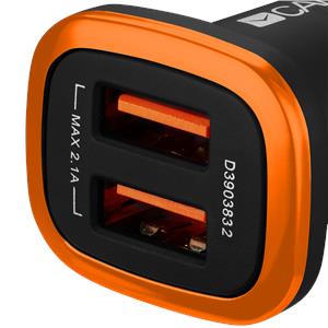 Canyon CNE-CCA02B Universal 2xUSB car adapter, Input 12V-24V, Output 5V-2.1A, with Smart IC, black rubber coating with orange electroplated ring(without LED backlighting), 51.8*31.2*26.2mm, 0.016kg