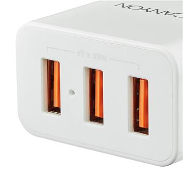 Canyon CNE-CHA05W Universal 3xUSB AC charger (in wall) with over-voltage protection, Input 100V-240V, Output 5V-4.2A, with Smart IC, white glossy color+ orange plastic part of USB, 89*46.3*27.2mm, 0.0