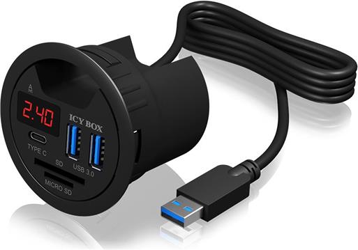 Icybox 2x USB 3.0 koncentrator, 1x USB-C s punjačem za mobilni telefon i čitačem kartica za montažu na stol