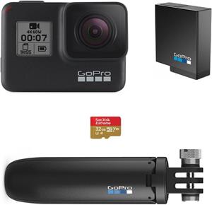 Sportska digitalna kamera GOPRO HERO7 Black, 4K60, 12 Mpixela + HDR, Touchscreen, Voice Control, 3 Axis, GPS + dodatna baterija, kartica 32 GB, shorty