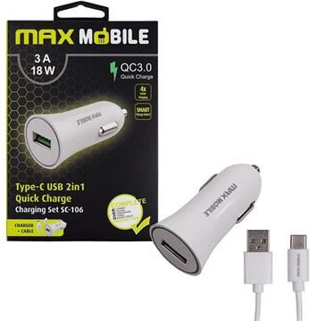 MAXMOBILE AUTO ADAPTER USB SC-106 QC 3.0,18W QUICK CHARGE 3A + TYPE C bijeli