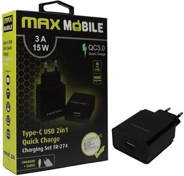 MAXMOBILE KUĆNI PUNJAČ SET 2U1 QC 3.0 QUICK CHARGE USB+ TYPE C, 3A,18W crni