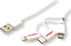 Roline USB2.0 kabel za punjenje i prijenos podataka, 8pin + MicroB + Type-C, 1.0m, bijeli