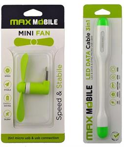 MAXMOBILE ADAPTER SET VENTILATOR+LED DATA KABEL 3U1 micro USB zeleni