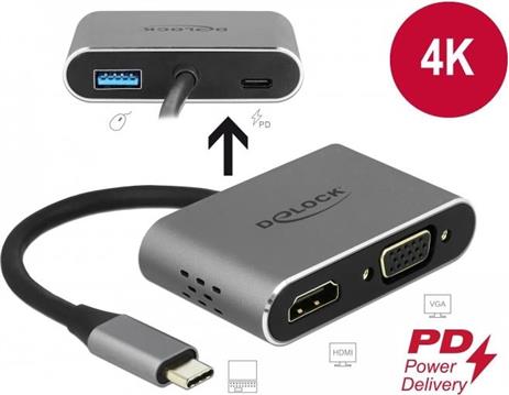 Adapter DELOCK, USB-C (M) na HDMI (Ž), VGA (Ž), Power Delivery, sivi