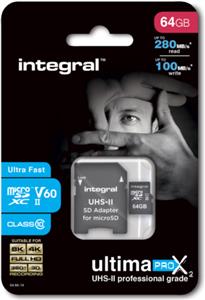 INTEGRAL 64GB microSDXC 280-100MB / s UHS-II V60 + SD adapter