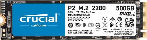 CRUCIAL P2 500GB SSD, M.2 2280, PCIe Gen3 x4, Read/Write: 2300/940 MB/s, Random Read/Write IOPS: 95K/215K