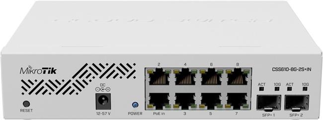 Mikrotik Cloud Smart Switch CSS610-8G-2S+IN, 8×G-LAN, 2×SFP+ cages, SwOS, desktop kučište, PSU