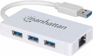 USB HUB MANHATTAN, 3-portni USB 3.0, G-LAN, bijeli