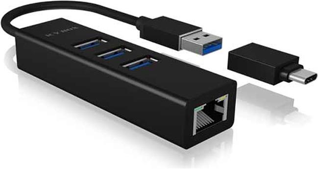 HUB 3Port ICY BOX 1xUSB-C Adapter 1xGigabit LAN Ethernet passiv Black