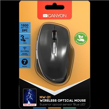 Canyon 2.4 GHz Wireless mouse ,with 7 buttons, DPI 800/1200/1600, Battery:AAA*2pcs ,Dark gray72*117*41mm 0.075kg