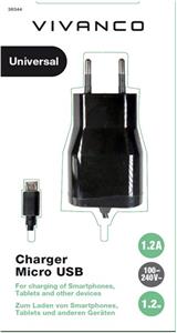 Strujni punjač VIVANCO 38344, 1.2A USB s Micro-USB kabelom, crni