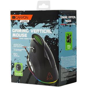 CANYON Emisat GM-14 Wired Vertical Gaming Mouse with 7 programmable buttons, Pixart optical sensor, 6 levels of DPI and up to 4800, 2 million times key life, 1.65m Braided USB cable,rubber coating sur
