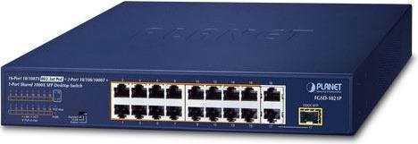 Planet 16-Port 10 100TX 802.3at PoE 2-Port 10 100 1000T 1-Port Shared 1000X SFP Desktop Switch (185 Watts)