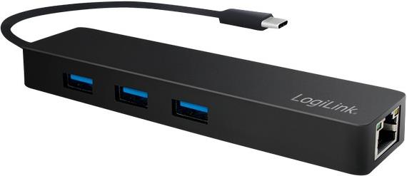 Mrežni adapter USB 3.2 Gen 1 C -> RJ45 Gigabit Ethernet + USB 3.0 Hub 3 Port, na kabelu 0,14m, crni