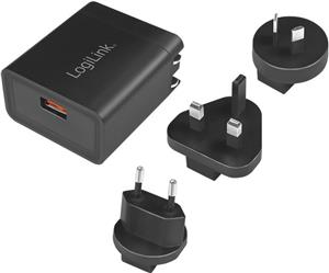 USB punjač 1xUSB-A 18W, Quick Charge 3.0 + 3 putna adaptera, crni