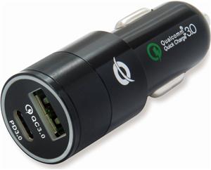 USB punjač za auto 1xUSB-A 18W QC 3.0 + 1xUSB-C 18W PD 3.0, crni