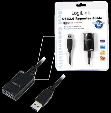 USB 3.0 kabel A->A M/Ž 5,0 m, aktivni, crni