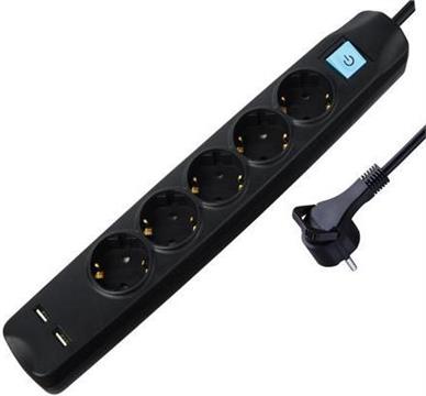 Transmedia 5-way power strip with 2x USB, black, 1,5m