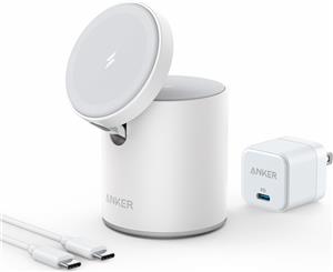 Anker PowerWave Mag-Go 2-u-1 stolni bežični magnetni punjač, uključen adapter USB-C 20W, bijeli