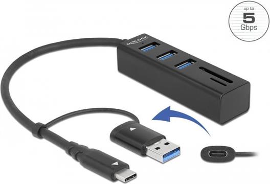 USB HUB DELOCK USB3.2/USB-C, 3-potrni USB 3.2, Micro/SD čitač kartica, crni