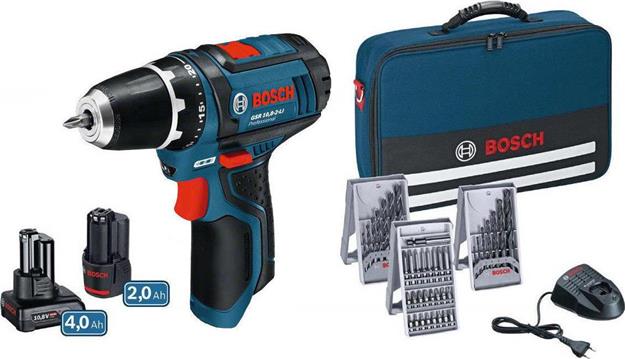 Bosch Professional GSR 12V-15 Set 1x 4Ah Akku, 1x 2Ah Akku, Tasche, 39-tlg Zubehör-Set