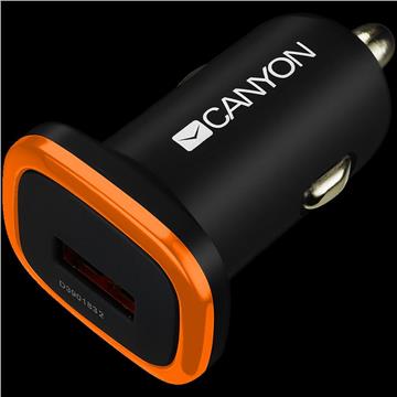 CANYON C-01 Universal 1xUSB car adapter, Input 12V-24V, Output 5V-1A, black rubber coating with orange electroplated ring(without LED backlighting), 51.8*31.2*26.2mm, 0.016kg