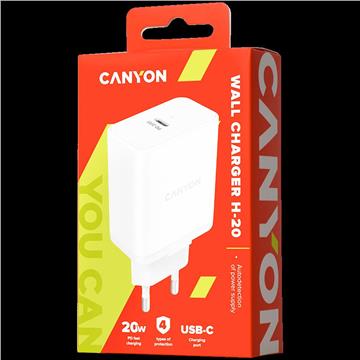 Canyon, PD WALL Charger, Input: 110V-240V, Output:PD 20W, Eu plug, Over-load, over-heated, over-current and short circuit protection Compliant with CE RoHs,ERP. Size: 89*46*26.5mm, 52g, White