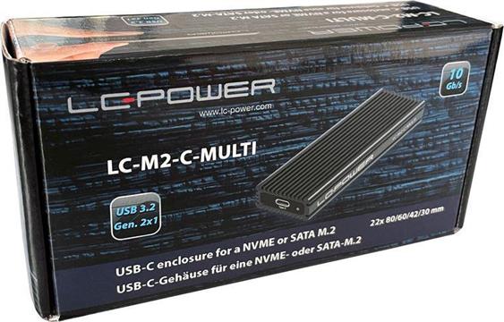 Eksterno kućište LC POWER, LC-M2-C-MULTI-2, NVMe/SATA M.2 SSD, USB-C, aluminijsko, crno