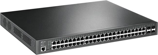 TP-Link JetStream 48-port Gigabit L2 Smart PoE+ preklopnik, 48×10/100/1000 RJ45 ports, 4×SFP Gigabit, 1×RJ45 console port, 1×microUSB, 1U 19" rack-mount (385W)