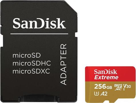 SanDisk Extreme microSDXC 256GB + SD Adapter 190MB/s & 130MB/s A2 C10 V30 UHS-I U3