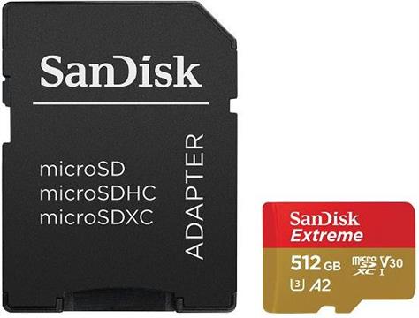 SanDisk Extreme microSDXC 512GB + SD Adapter 190MB/s & 130MB/s A2 C10 V30 UHS-I U3