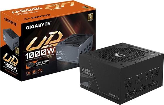 GIGABYTE UD1000GM Power Supply 1000W, PCIe Gen5 16Pin x 1 600W, Modular, 80 PLUS Gold, Japanese capacitors, 120mm smart control fan, EU plug