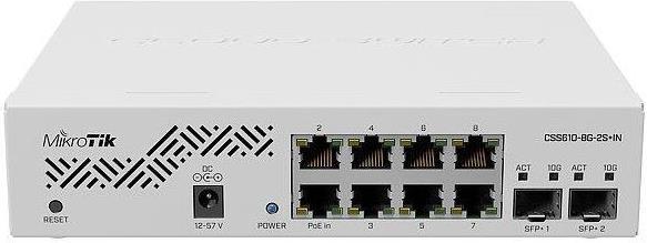 Mikrotik Cloud Smart Switch CSS610-8P-2S+IN, 8×G-LAN PoE-out, 802.3af/at, 2×SFP+ 10G, SwOS, desktop kučište, PSU