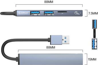 USB hub 4-port, 1x USB 3.0, 2x USB 2.0, TF+microSD, 0.15m, Aluminium, ORICO AH-A12F